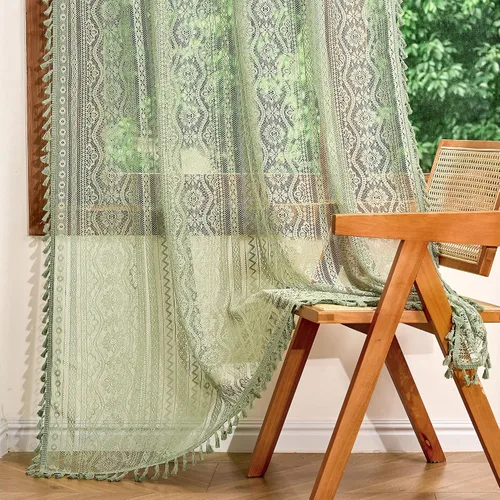 Vista 29 de MYSKY HOME Cortinas de encaje beige para puerta francesa de 40 pulgadas de largo, 2 paneles de cortinas florales bohemias transparentes para puerta