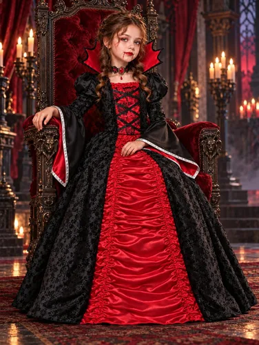 Vista 6 de SIZGAROOT Disfraz de vampiro para niñas, vestido gótico de reina Rojo