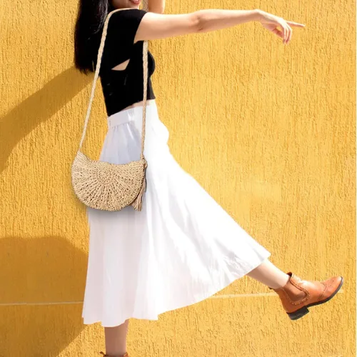 Vista 3 de Fozehlad Bolso cruzado de paja para mujer, bolso de mano de paja para verano, playa, bolso de hombro tejido hecho a mano
