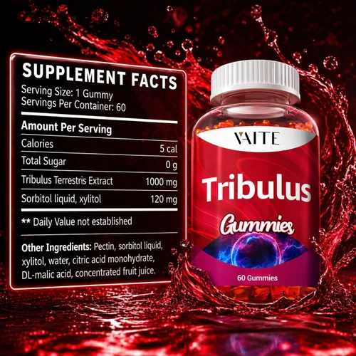 Vista 3 de VAITE Tribulus Terrestris - Gomitas de 1000 mg - 60 gomitas masticables - Veganas, sin azúcar, sin gluten, sin OMG - Fórmula diaria a base
