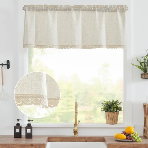 Vista 3 de jinchan - Cenefa de lino con borde de encaje, cenefa rústica de estilo granja para ventana de 16 pulgadas, tratamiento para ventana pequeña