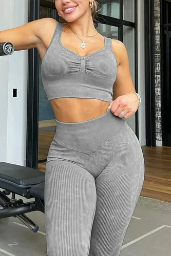 Vista 4 de Mulisky Conjuntos de entrenamiento de 2 piezas para mujer, acanalados, sin costuras, cintura alta, leggings a juego, gimnasio, yoga