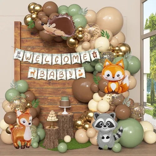 Vista 2 de 167 piezas Decoraciones de baby shower con temática de animales del bosque, kit de guirnalda de arco de globos con temática de bosque con pancarta