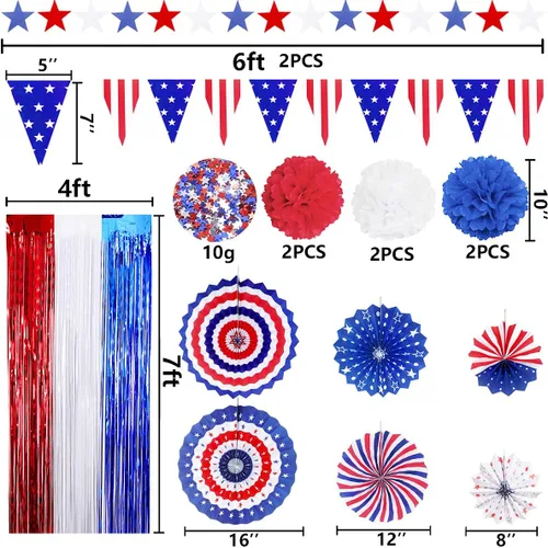 Vista 2 de MOVINPE Juego de decoraciones patrióticas para fiestas del 4 de julio, abanicos de papel para colgar con la bandera estadounidense, flores