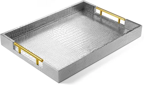 Vista 12 de ATZYmolin - Bandeja de servicio de madera de 17" x 12" con asas de metal dorado pulido, bandeja decorativa de madera rectangular para otomano