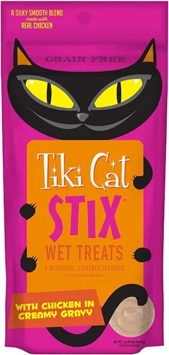 Vista 3 de Tiki Cat Stix - Golosinas húmedas Tiki Cat Stix sin granos, mezcla suave y sedosa en salsa cremosa de atún y pollo, con 10 toallitas para mascotas