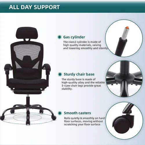 Vista 5 de Silla ergonómica de oficina, silla de escritorio de malla con respaldo alto para computadora con soporte lumbar y ruedas, silla giratoria ajustable