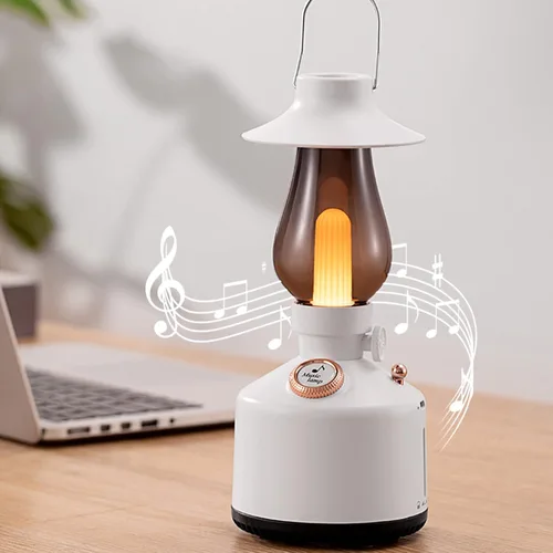 Vista 6 de Lámparas de mesa retro con altavoz Bluetooth, lámpara de noche de música vintage, altavoz Bluetooth de mano con luz de vela regulable, efecto