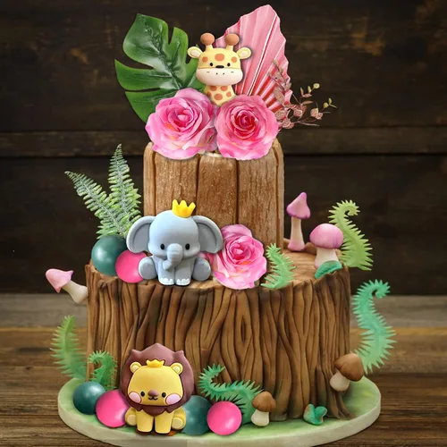 Vista 5 de 22 adornos de animales de selva de safari para tartas, bolas de flores, decoración de tartas con hojas de palmeras bohemias, juguetes de animales