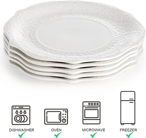 Vista 3 de SOUJOY Juego de 6 platos llanos de porcelana, platos blancos de 10.5 pulgadas, platos de vajilla con impresión en relieve para cena, restaurante