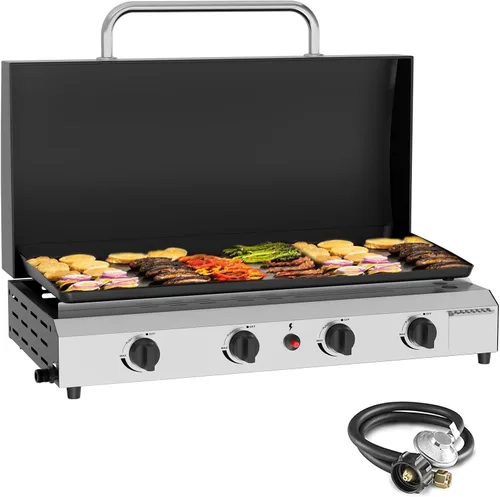 Vista 13 de SKOK Parrilla de gas de 3 quemadores con campana, parrilla de propano para exteriores de 25.6 pulgadas, parrilla de gas portátil con parte superior