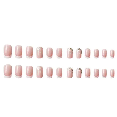 Vista 4 de Foccna Uñas postizas a presión de color rosa medianas, uñas postizas blancas brillantes, uñas postizas cuadradas acrílicas, uñas artificiales