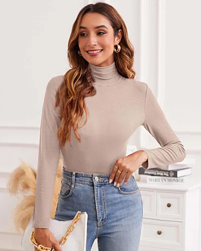 Vista 2 de XSRYT Women Long Sleeve Mock Turtleneck Lightweight Ribbed Knit Shirts Underscrub Pullover Tops