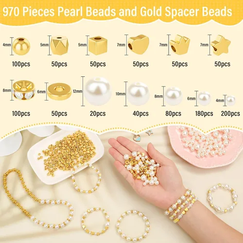 Vista 3 de Audab Cuentas de perlas para hacer pulseras, 970 cuentas espaciadoras de perlas y doradas para hacer joyas