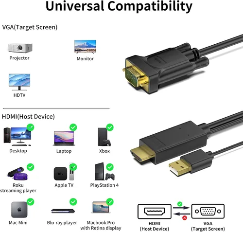 Vista 4 de HDMI a VGA, cable HDMI a VGA chapado en oro de 6 pies con alimentación USB (hombre a macho), compatible con computadora, computadora de escritorio