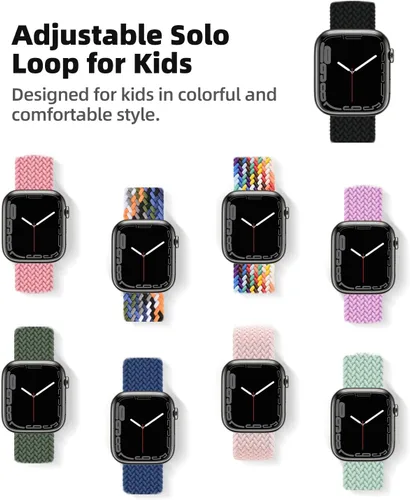 Vista 5 de OWKEY Correa trenzada Solo Loop compatible con Apple Watch para niños, correa elástica transpirable con hebilla fácil para iWatch Series 9, 8, 7, 6