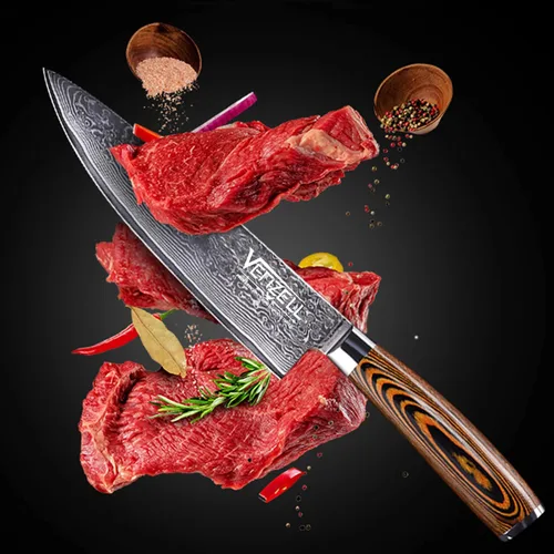 Vista 3 de VENZELL Cuchillo de chef hecho a mano de 8 pulgadas, cuchillo de acero inoxidable de Damasco de 67 capas, cuchillo de corte profesional HRC60±2