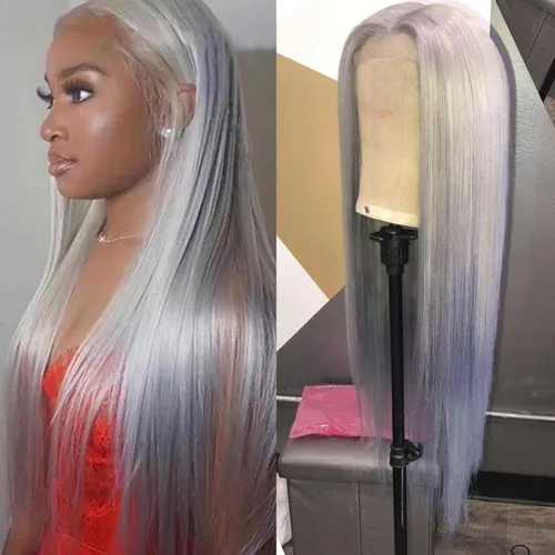 Vista 22 de Lovestory Peluca de encaje frontal larga y recta color blanco platino, predepilada, rubio platino, pelucas de encaje frontal sintético para mujeres
