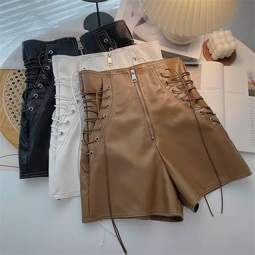 Vista 2 de Primavera Otoño Moda Una Línea PU Pantalones Cortos Mujer Slim Tie Pantalones Cortos De Cuero Todo Partido De Cintura Alta Pierna Ancha Pantalones