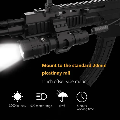 Vista 2 de Linterna Picatinny, linterna táctica LED para riel de rifle con interruptor de presión, luz impermeable de 3000 lúmenes, linterna recargable USB
