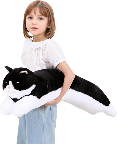 Vista 6 de Juguete de peluche grande de 32 pulgadas, almohada grande de peluche de gato largo y grande, regalo de peluche de gatito blanco y negro para niños