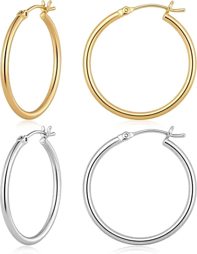 Vista 9 de Aretes de aro de oro para mujer chapados en oro real de 14 quilates con poste de plata de ley 925 Dorado