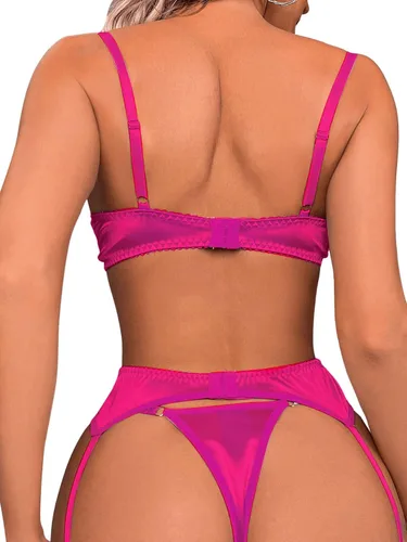 Vista 2 de SweatyRocks Conjunto de lencería de 4 piezas para mujer, brasier y braga de encaje floral con liga