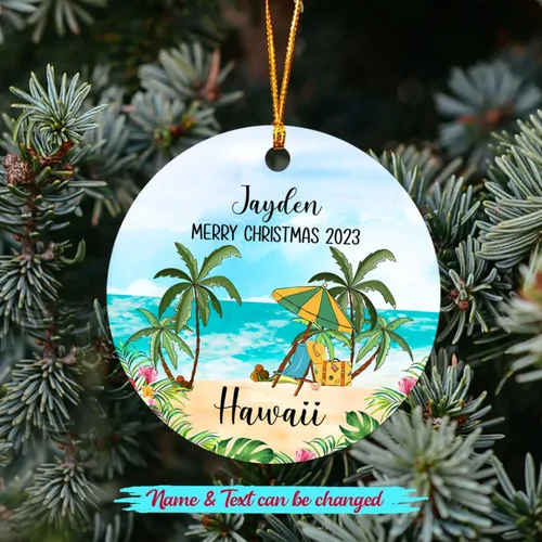 Vista 2 de Adorno de Navidad personalizado de playa de Hawái 2026, adorno de Navidad de paisaje urbano de Hawaii, adornos de Hawái, regalos para amigos, mamá