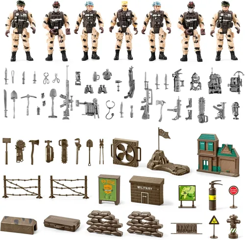 Vista 2 de Conjunto de juguetes de hombres del ejército de 78 en 1 con camión militar realista/helicóptero/barco kayak/motocicleta/figuras de acción de hombres