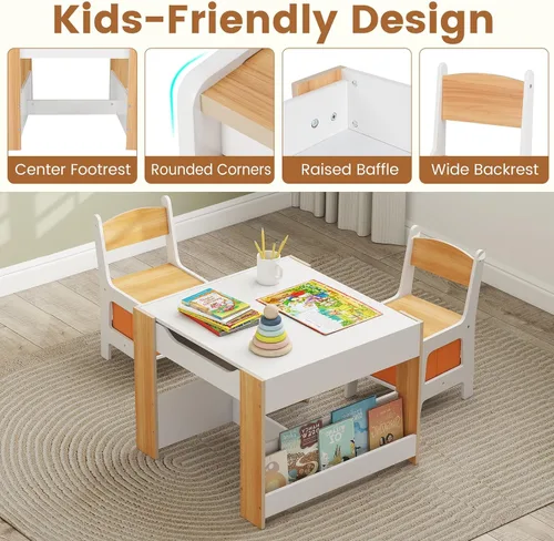Vista 15 de INFANS Juego de Mesa y Silla para Niños, Escritorio de Actividades de Madera de Bloques de Construcción 4 en 1 con Superficie Reversible, Cajones