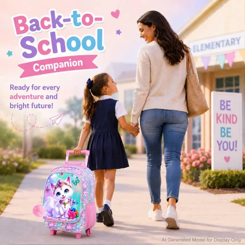 Vista 7 de Mochila con ruedas para niñas, Fox Kids School Mochilas con ruedas, mochila enrollable con lonchera para preescolar primaria (blanco)