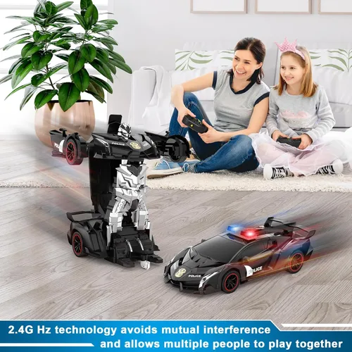 Vista 6 de FDJ - Auto a control remoto que se transforma en robot, transformación con un botón a robot con luz intermitente, juguete de policía para niños