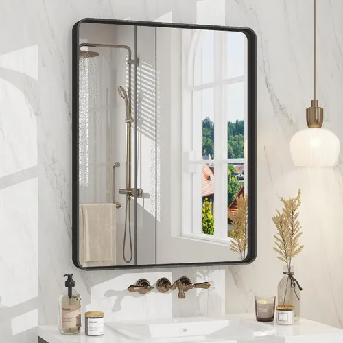 Vista 19 de Paquete de 2 espejos de baño con marco de metal negro de 22 x 30 pulgadas, espejo rectangular redondeado negro mate, antioxidante, se cuelga