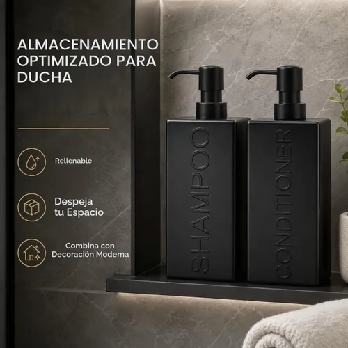 Vista 2 de Dispensador rectangular de resina para baño, champú y acondicionador de baño, botella de lavado corporal, diseño moderno de bomba recargable Negro
