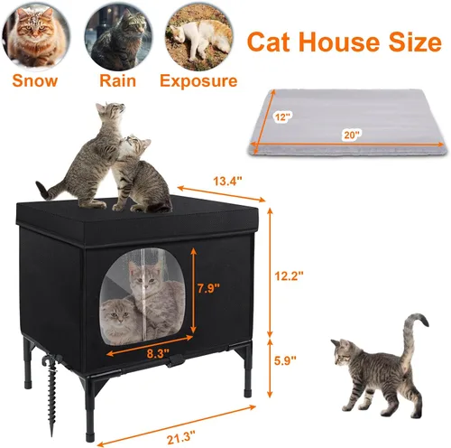 Vista 6 de Casa para gatos al aire libre, resistente a la intemperie, aislada, para gatos con cojín acogedor, refugio elevado para gatos al aire libre