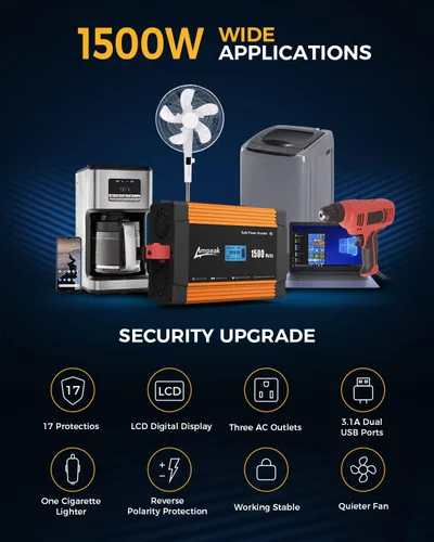 Vista 3 de Ampeak Inversor de potencia de 1500 W, 6.2 A, puertos USB duales, 3 salidas AC, inversor de corriente continua de 12 V a CA 110 V, puerto