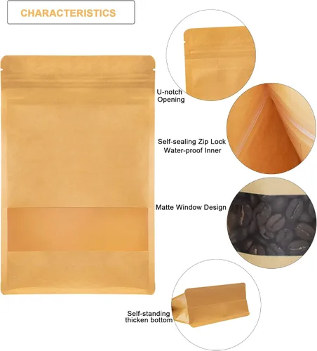 Vista 3 de Bolsas de papel kraft de pie, reutilizables con cierre de cremallera y muesca, bolsas de ventana transparentes mate, bolsa de almacenamiento