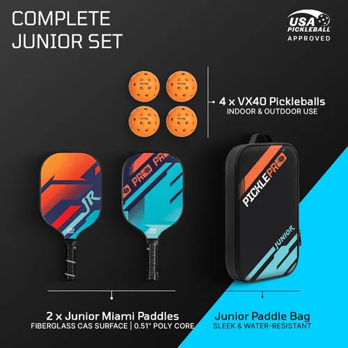 Vista 2 de PicklePro Junior - Juego de 6 paletas de pickleball probadas en laboratorio con 2 paletas junior, 4 bolas y bolsa, cara de fibra de vidrio aprobada