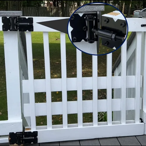 Vista 6 de Bisagras de puerta de cierre automático, accesorios ajustables y resistentes, kit de bisagras de puerta de 90 grados para madera/vinilo/metal/valla