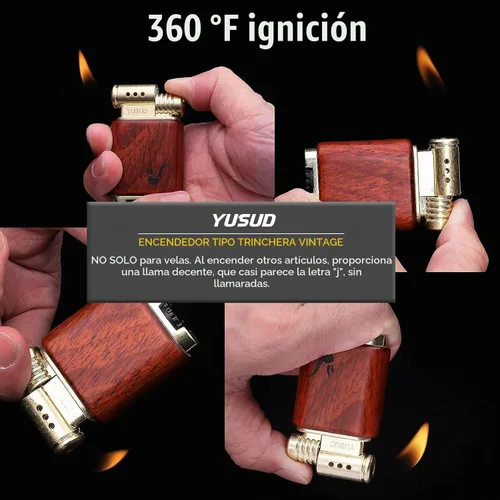 Vista 5 de Yusud Encendedor Vintage de Trinchera, Encendedor Fresco de Butano Recargable, Encendedor Antiguo con Tapa, Encendedores de Mesa de Llama Suave