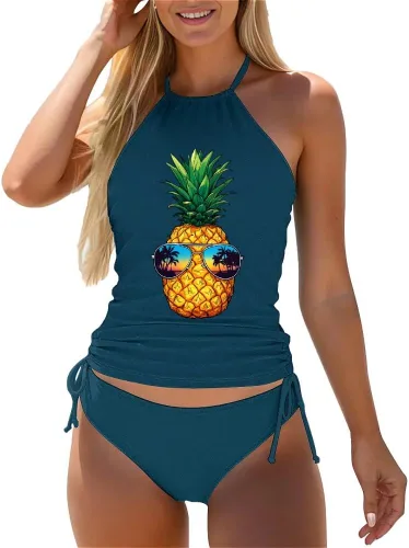 Vista 23 de Omichic Trajes de baño tankini para mujer, de dos piezas, blusa tipo tankini modesta con parte inferior de bikini Negro