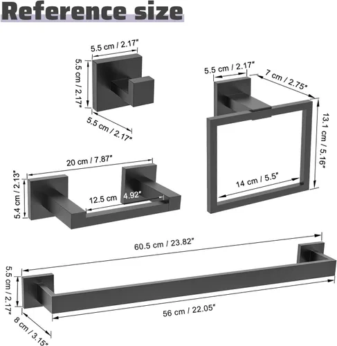 Vista 6 de Juego de Barras Portotoallas Negro Mate de 5 Piezas, Juego de Accesorios de Ferretería para Baño, Juego de Portotoallas Moderno de 23.6 Pulgadas