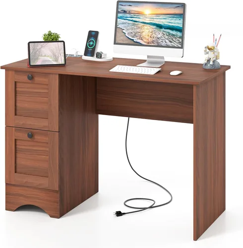 Vista 10 de GIANTEX - Escritorio para computadora con 2 cajones, escritorio de madera para oficina en casa de 43 pulgadas con estación de carga, escritorio