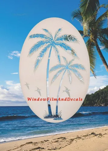 Vista 3 de Calcomanía ovalada de vinilo para ventana, diseño de palmeras inclinadas, 8 x 12 pulgadas, color blanco con elementos de diseño transparente