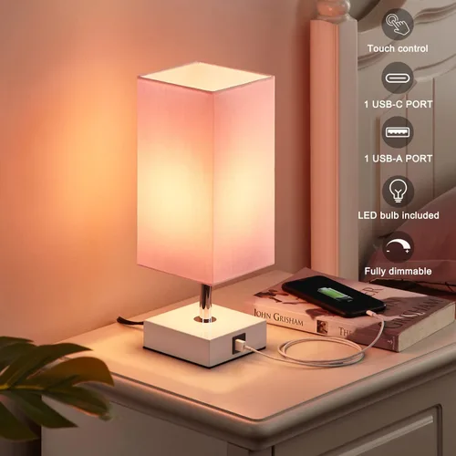 Vista 3 de Lámpara de mesa Ambimall con control táctil y 2 puertos de carga USB, lámpara de mesa de 3 modos para mesita de noche, lámpara de noche para A: rosa