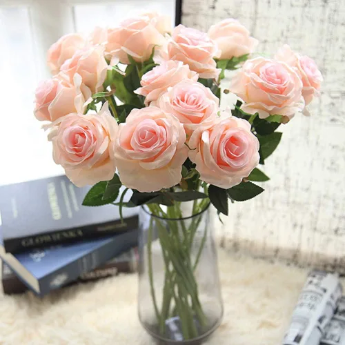 Vista 2 de AMZALI 10 unidades de flores artificiales, flores de rosa de seda artificiales de aspecto real, flores rosas para decoraciones del hogar, ramo