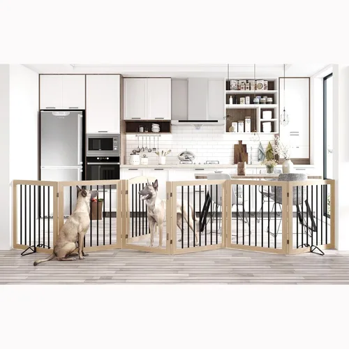 Vista 9 de Vantas Puerta plegable para mascotas de 80 pulgadas de ancho, 30 pulgadas de alto, puerta de madera para perros sin montaje con puerta pasante