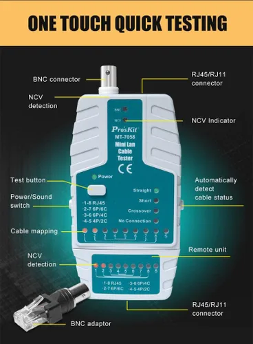 Vista 3 de Pro'sKit Tool Solutions MT-7058 Mini Probador de cables LAN RJ45, RJ-11/RJ-12, comprobador de cable BNC, detector de voltaje, compacto y ligero