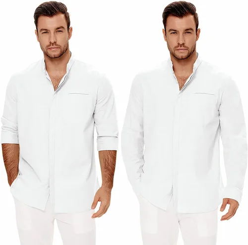 Vista 3 de Camisas casuales de lino de algodón de manga larga para hombre, con botones, lisas, lisas, enrollables, para verano y playa