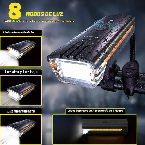 Vista 2 de Luces de bicicleta recargables USB-C ultra brillantes con bocina electrónica, faros de bicicleta con haz alto y bajo, 4 luces de bicicleta de modo